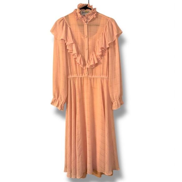 Vintage Miss Ashlee sz S Womens Blush Chiffon Ruffle Midi Dress Prairie Cottage - Picture 2 of 6